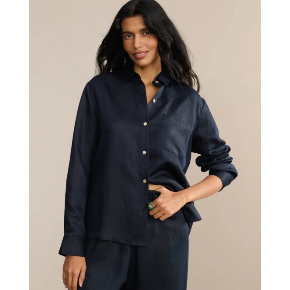 Jenni Kayne Madeline Navy Blue Lyocell Linen Blend Button Down Shirt Size M